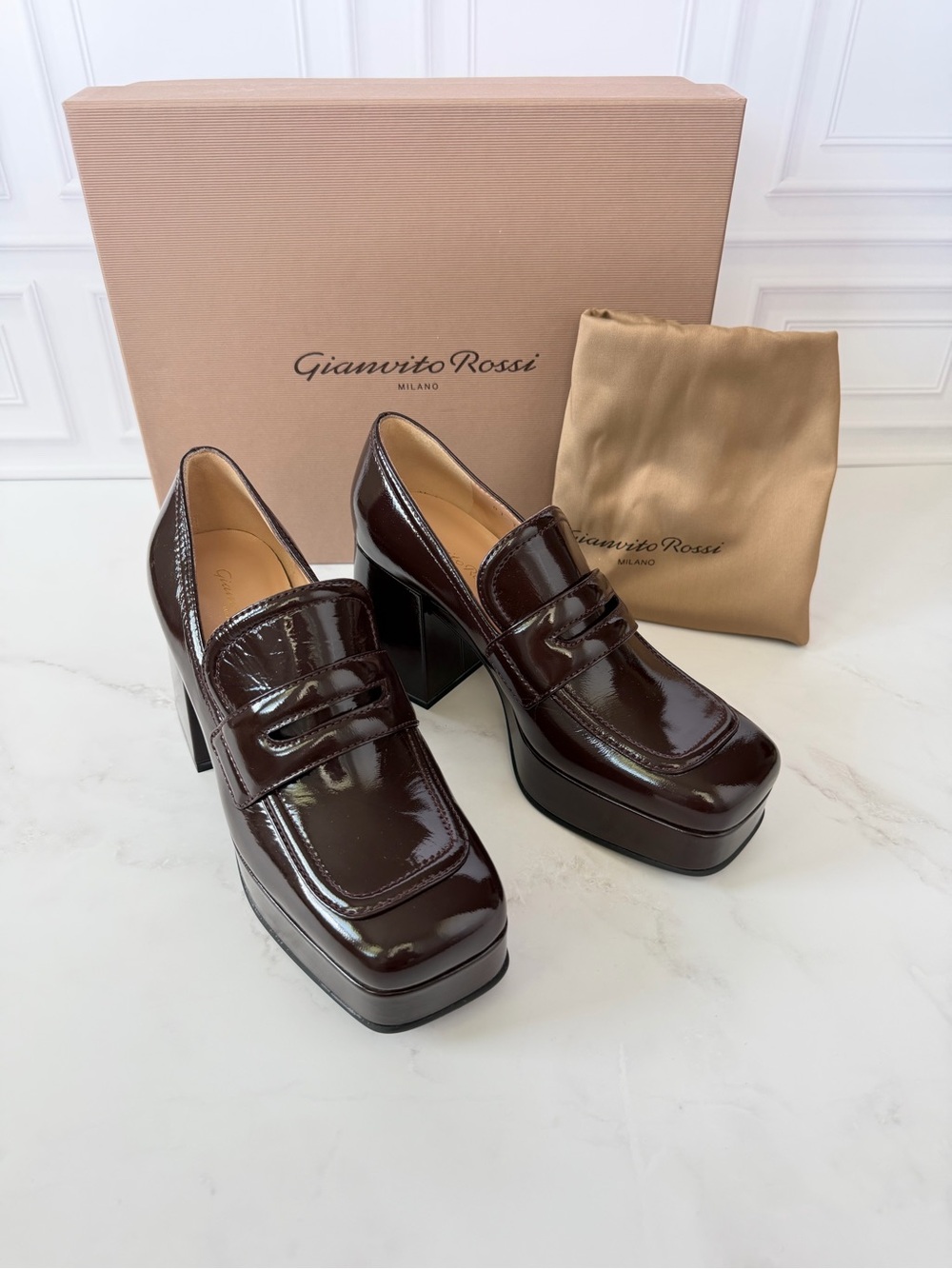 Gianvito Rossi Rouen 45 Burgundy Patent Leather Platform Loafers EU 36 NIB